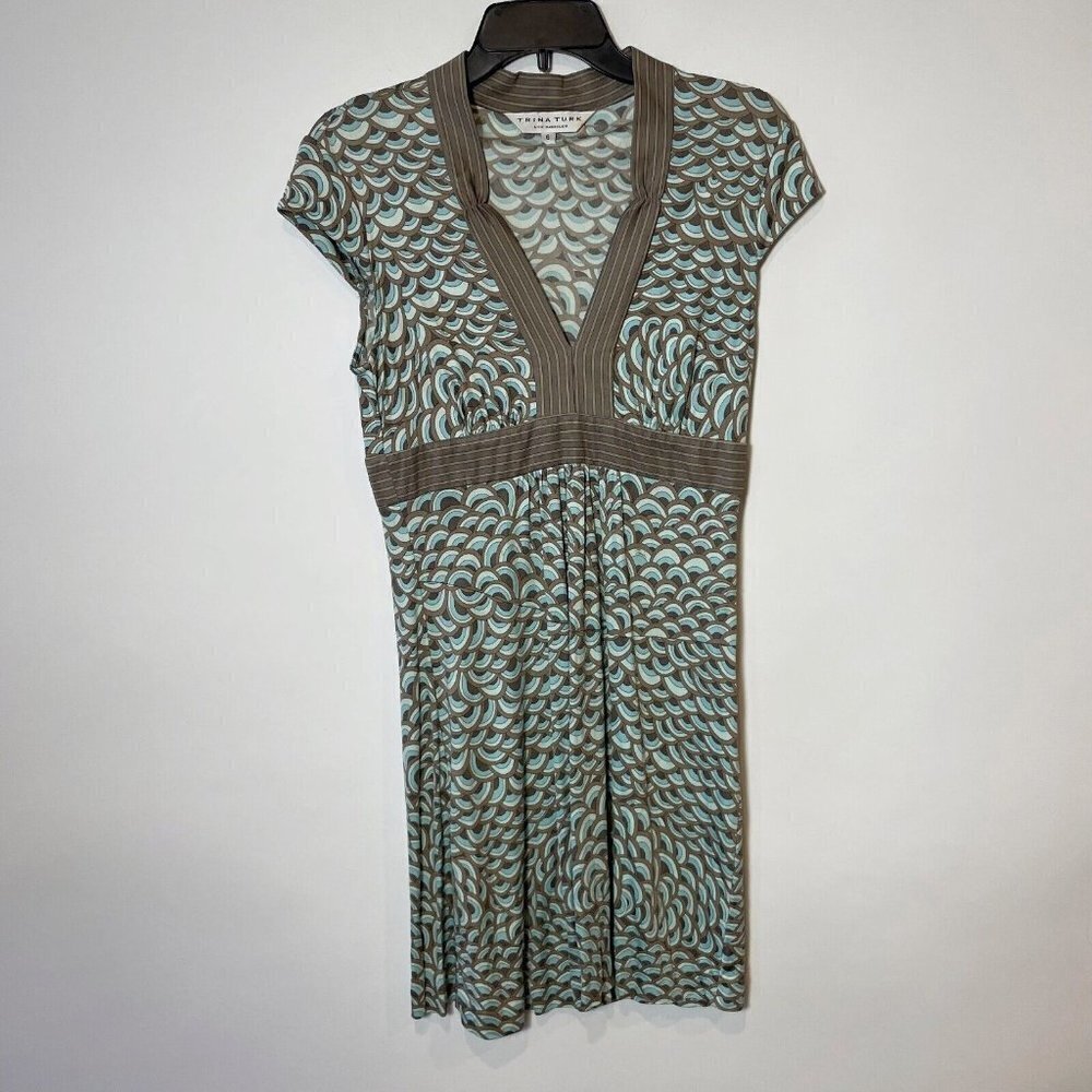 Trina Turk Silk Sheath Dress Womens Size 6‎ Multi V-neck Cap Sleeve Knee Length